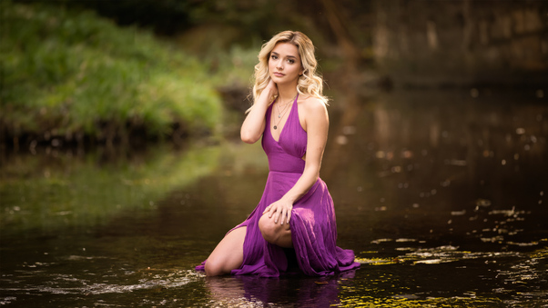 Beautiful Girl In A Purple Dress Looking At Viewer HD Wallpaper